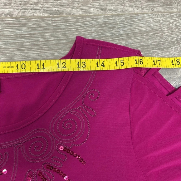 NWOT Midnight Velvet Fuchsia Sequin Embroidered Wide Bell Sleeve Blouse … - Picture 7 of 14
